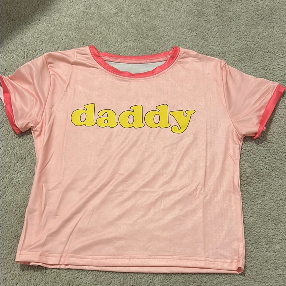 Pink Short Sleeve Tee with Yellow Text and Red Trim